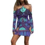 Purple off-shoulder dress with graphic print.