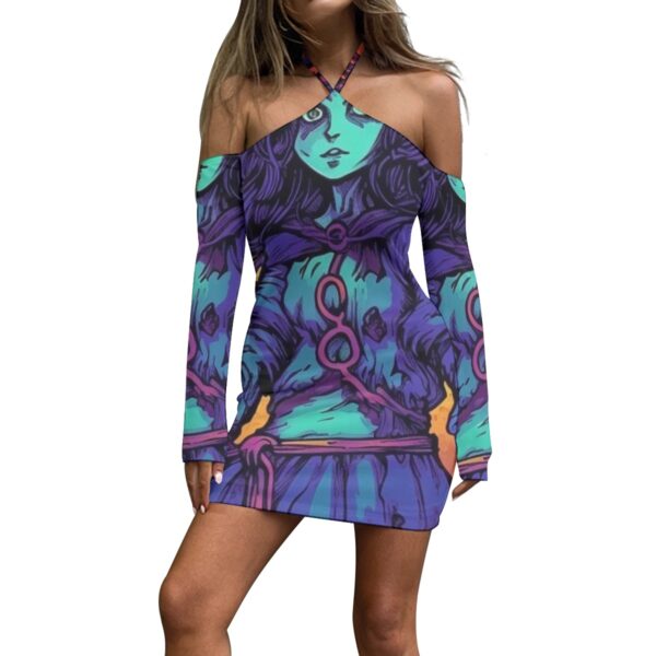 Purple off-shoulder dress with graphic print.