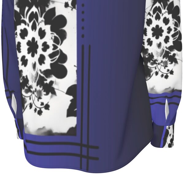 Blue shirt with black and white floral print.