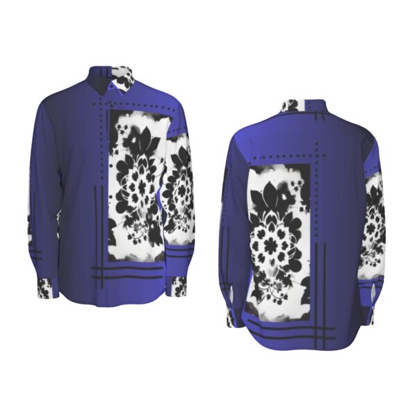 Blue long-sleeve shirt, black floral print.