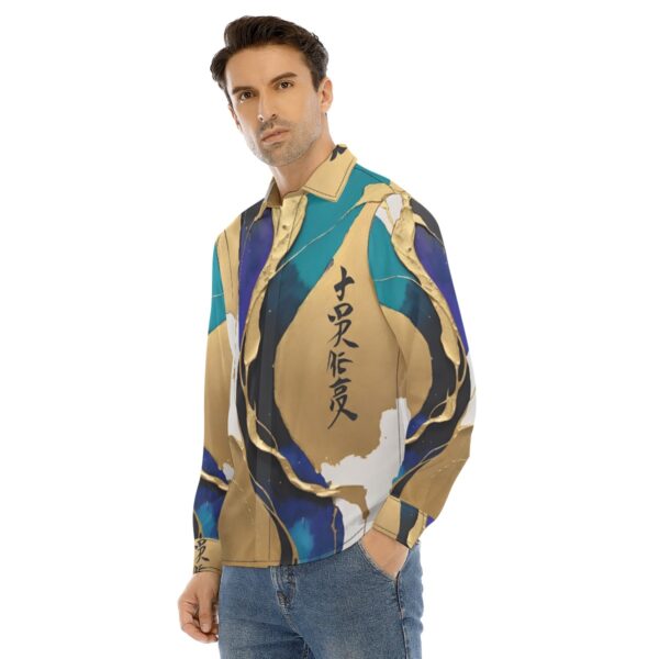 Man in abstract art long-sleeve shirt.