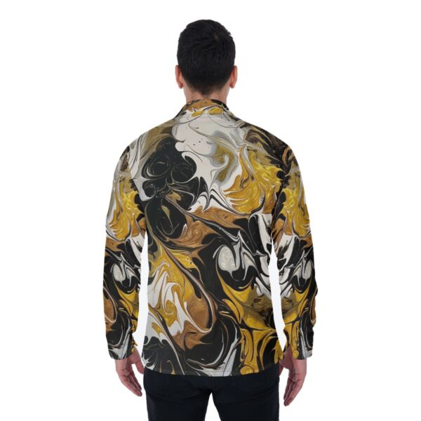 Man's gold and black marble shirt.