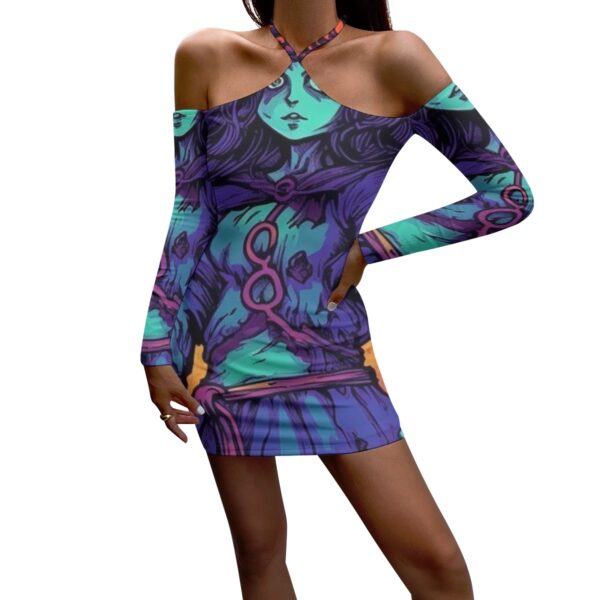 Purple graphic print halter mini dress.