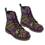 Colorful patterned boots with lace-up design.