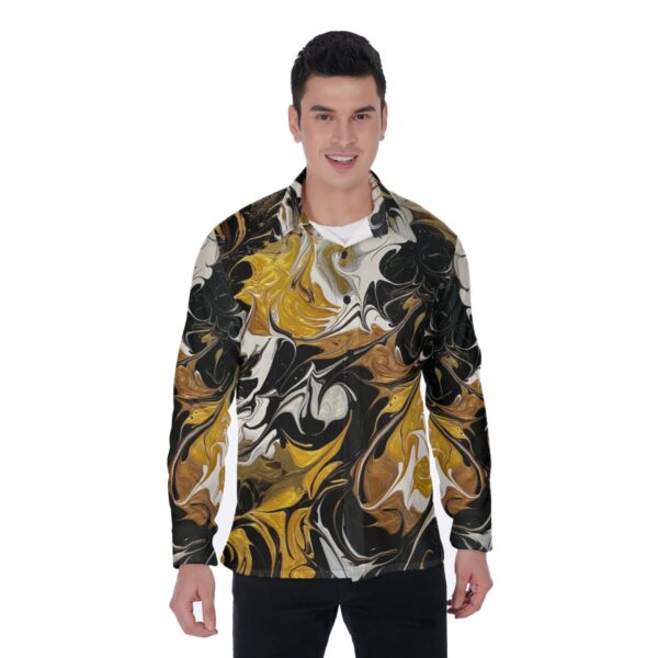 Man in gold and black marble shirt.