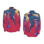 Colorful abstract-patterned long-sleeve shirt.