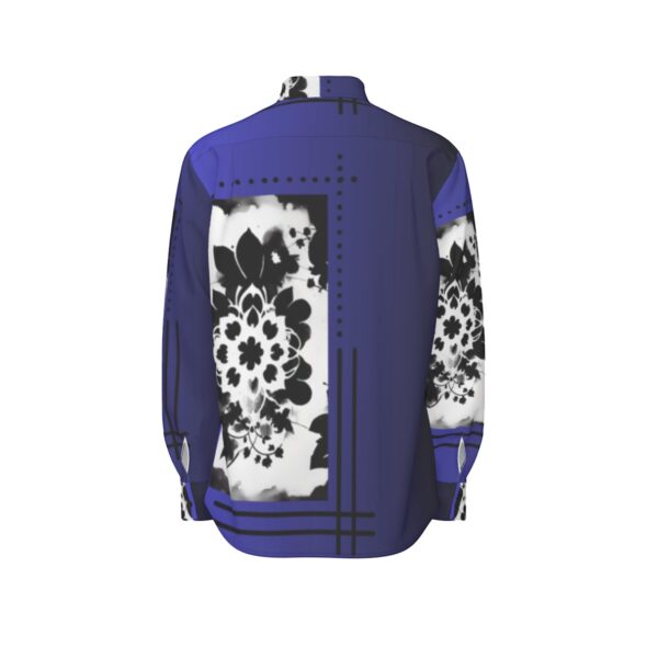 Blue shirt back, black and white floral design.