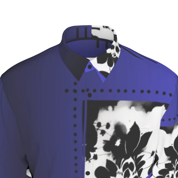 Blue shirt with black and white floral print.