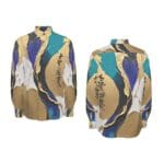 Colorful abstract patterned shirt with calligraphy.