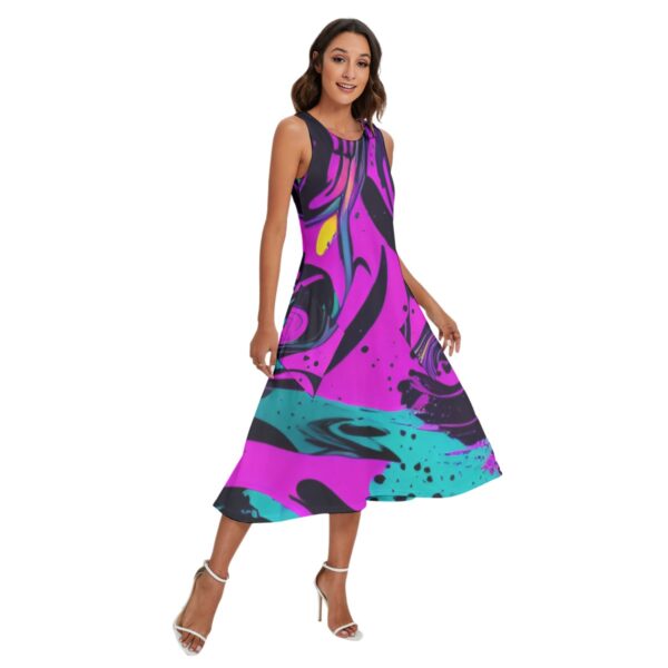 Woman in sleeveless abstract print midi dress.