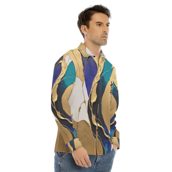 Man wearing abstract print long-sleeve shirt.