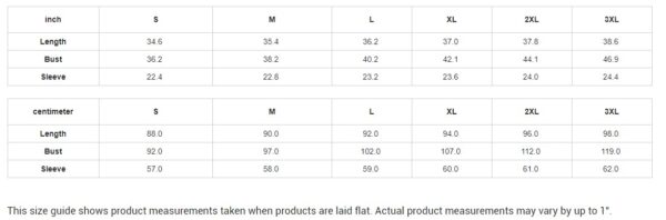 Clothing size chart in inches and centimeters.