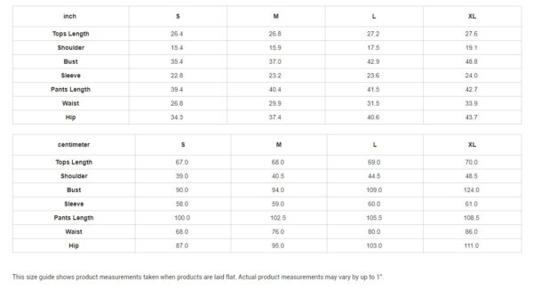 Clothing size chart in inches and centimeters.