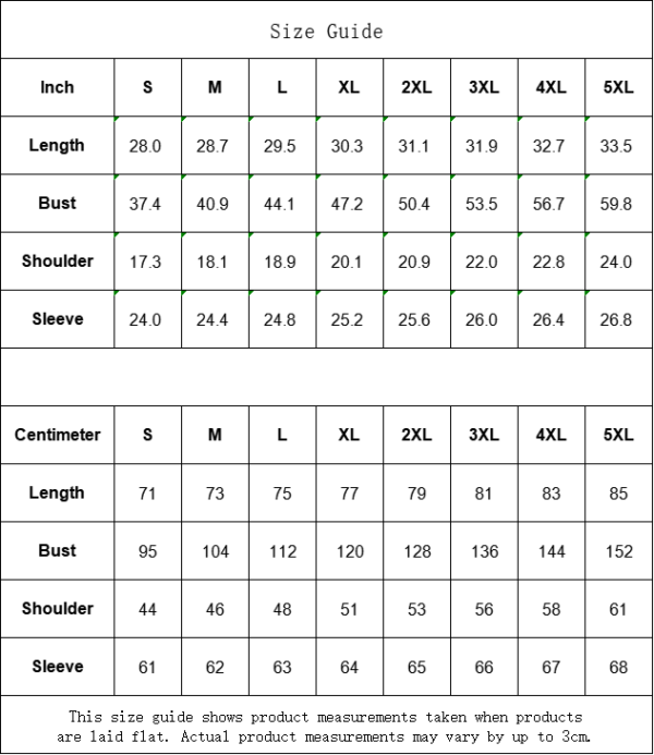 Size chart: inches and centimeters.