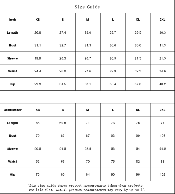 Clothing size chart in inches and centimeters.