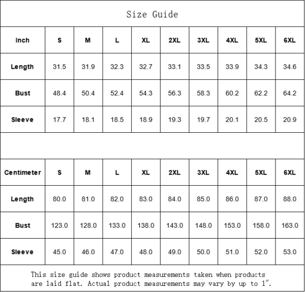 Clothing size chart in inches and centimeters.