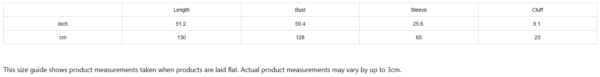 Size chart: length, bust, sleeve, cuff.