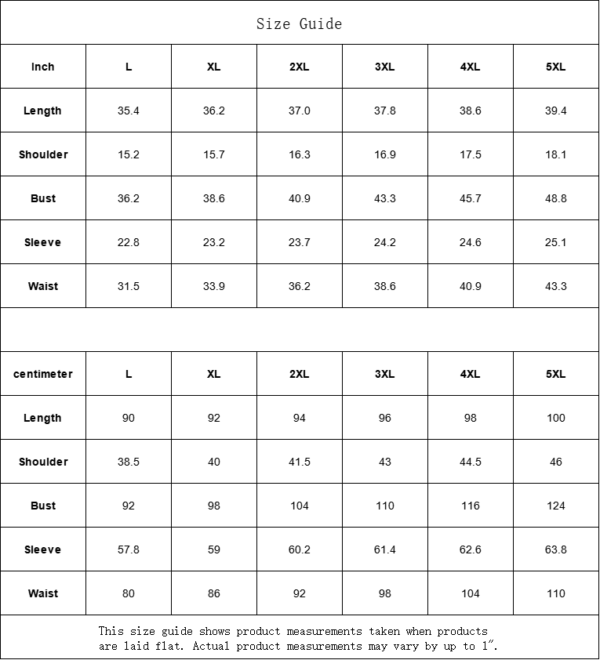 Clothing size chart in inches and centimeters.