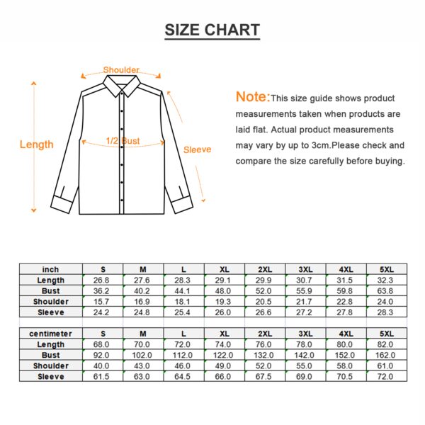 Shirt size chart: inches & centimeters.