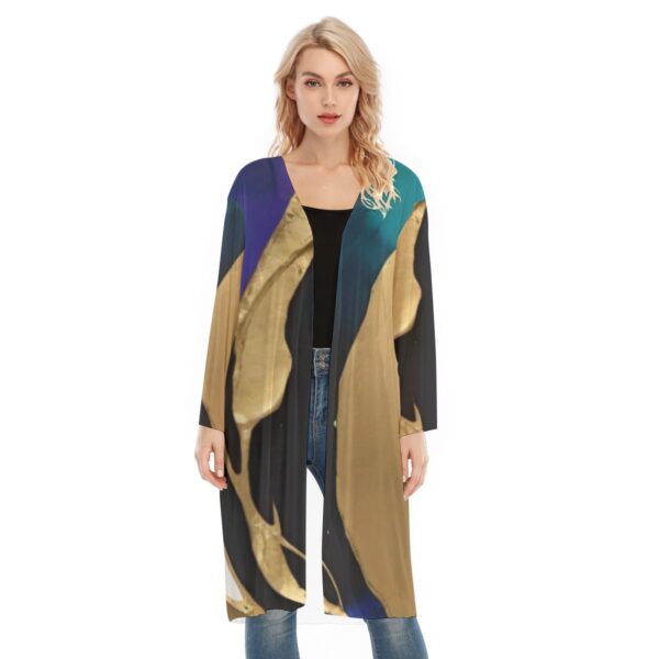 Woman wearing abstract print cardigan.