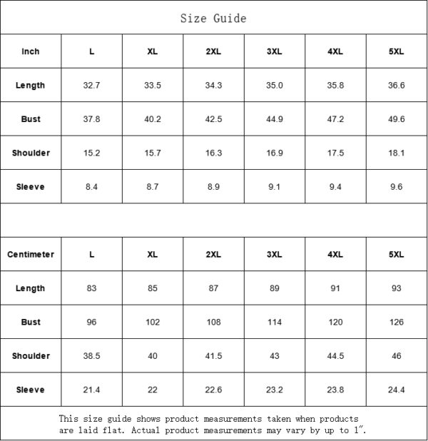 Clothing size guide in inches and centimeters.