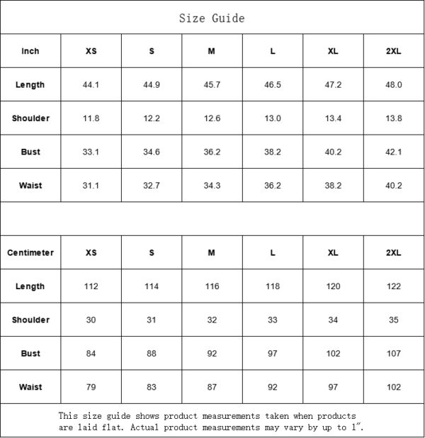 Clothing size guide in inches and centimeters.