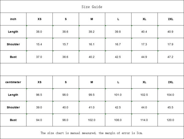 Clothing size chart in inches and centimeters.