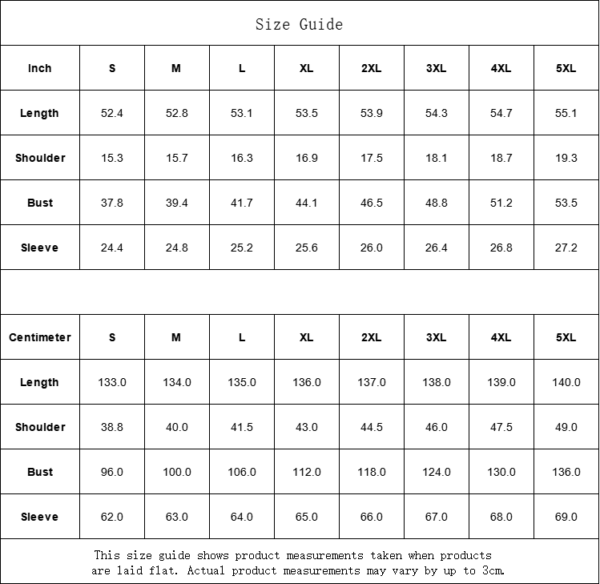 Clothing size chart in inches and centimeters.