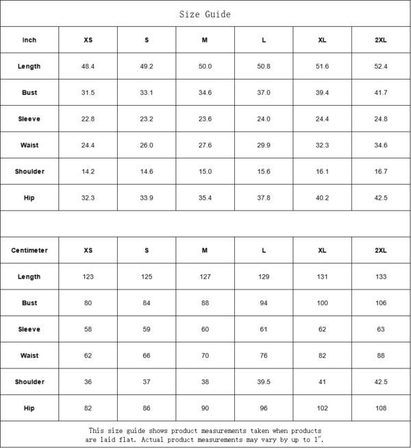 Clothing size guide in inches and centimeters.