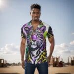 Man wearing vibrant leopard-print shirt outdoors.