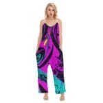 Woman wearing colorful abstract jumpsuit.