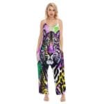 Woman wearing colorful leopard print jumpsuit.