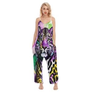 Woman wearing colorful leopard print jumpsuit.
