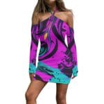 Colorful off-shoulder dress with abstract patterns.