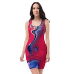 Woman in colorful abstract dress.
