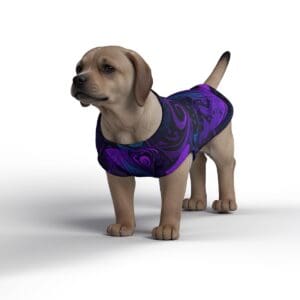 Dog wearing a colorful patterned shirt.