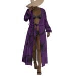 Woman in a purple robe and wide-brimmed hat.