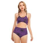 Model in purple bikini with unique patterns.