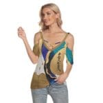 Woman in colorful, stylish cold-shoulder top.