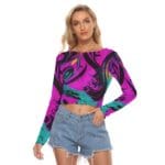 Model wearing colorful cropped top and shorts.