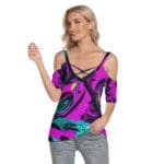 Woman wearing a colorful off-shoulder top.