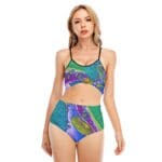 Model in colorful patterned bikini.