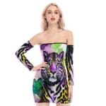 Model in colorful leopard print dress.