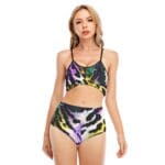 Model wearing a colorful tie-dye swimsuit.