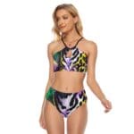 Model in colorful leopard print bikini.