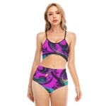 Woman in colorful two-piece swimsuit.