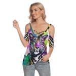 Woman wearing colorful tiger graphic top.