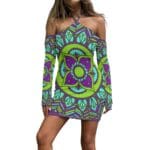 Colorful patterned dress on a model.