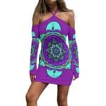 Purple dress with intricate mandala design.