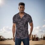 Man in patterned shirt outdoors, playground background.